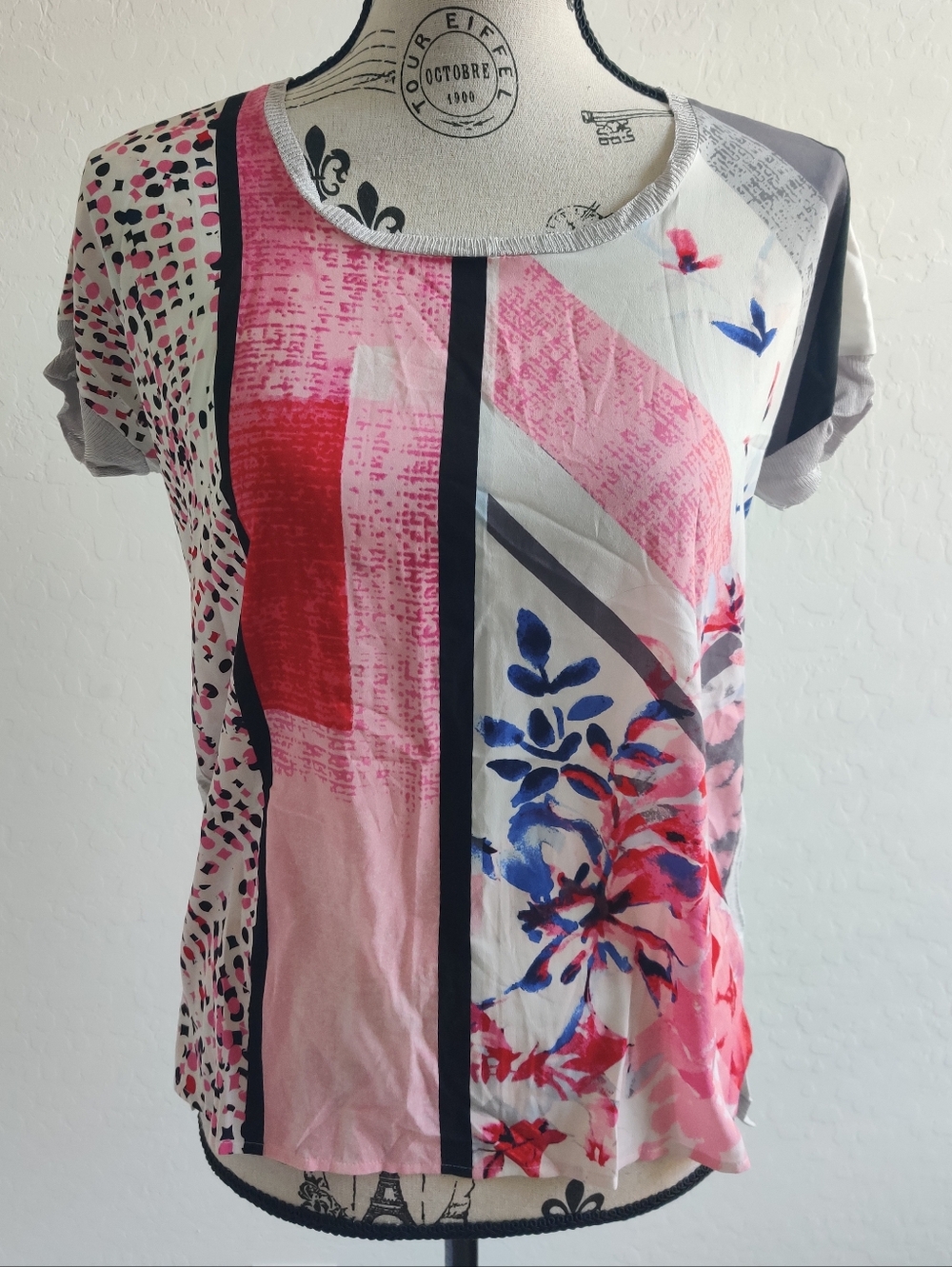 WHBM Gray pink & white Patchwork Striped Colorblock Floral Oversized T-shirt_XXS